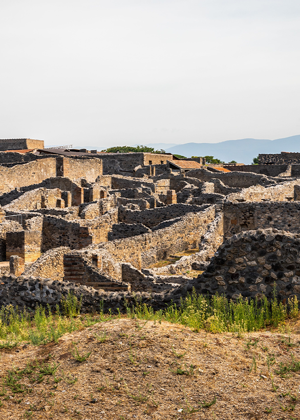 Aerial view of the archaeological ruins of Pompeii.